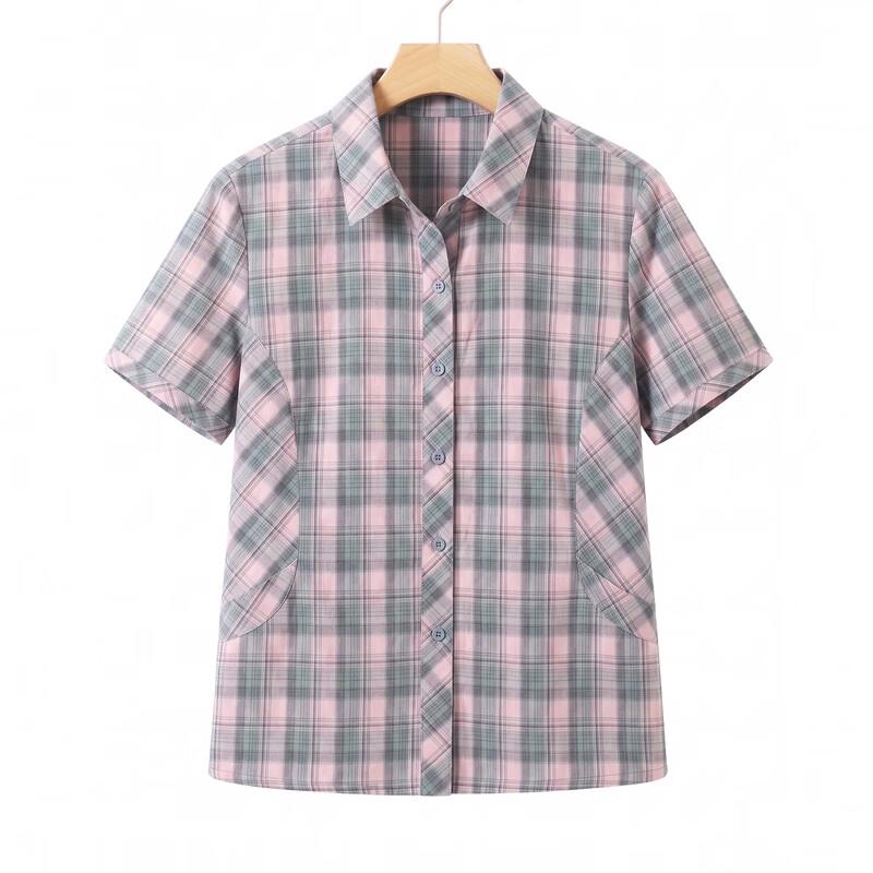 Hodo Women's Mid-Aged Summer Cotton Plaid Short-Sleeve Shirt