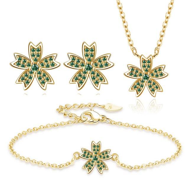 

ANENJERY Зеленый Циркон Цветок Лист Ожерелье Браслет Серьги Комплект Ювелирных Изделий для Женщин Элегантный Юбилейный Ювелирный Подарок Resizable золотой