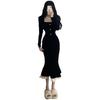 2026 High-End Autumn Mermaid Skirt with Ruffles Slim-Fit Retro Drape Dress for Women