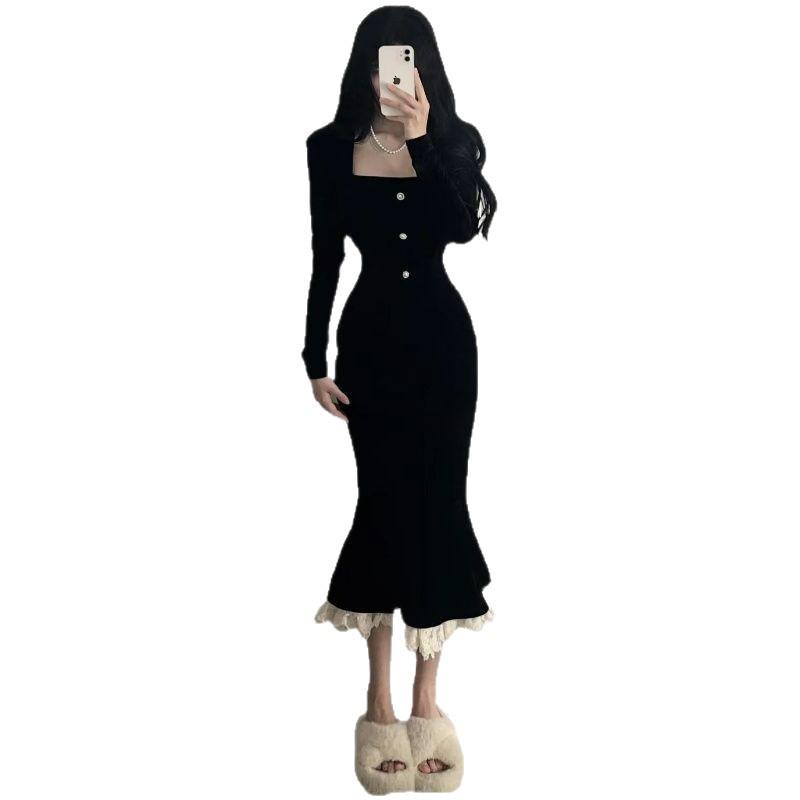 2026 High-End Autumn Mermaid Skirt with Ruffles Slim-Fit Retro Drape Dress for Women