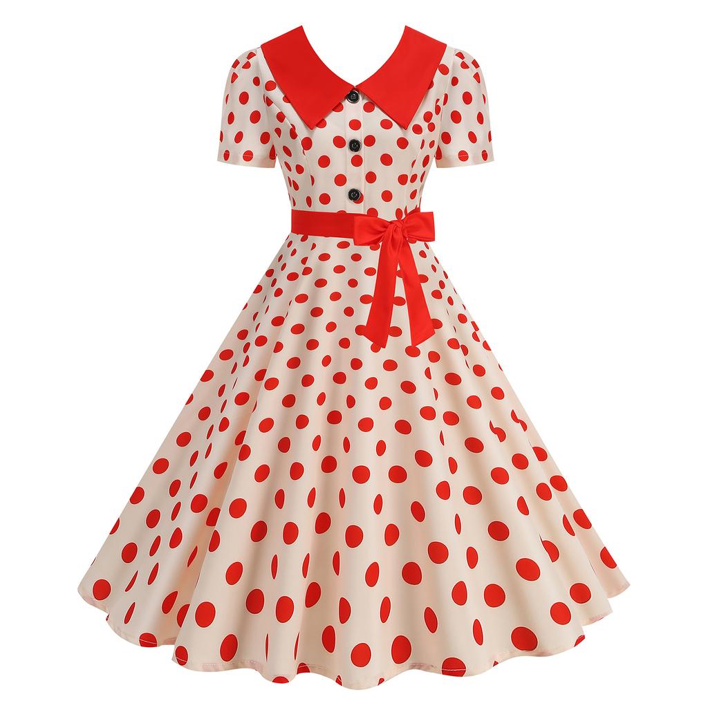 Damen Casual Polka Dot Print Kurzarm Midi Kleid mit Kragen - Leicht für den Sommer