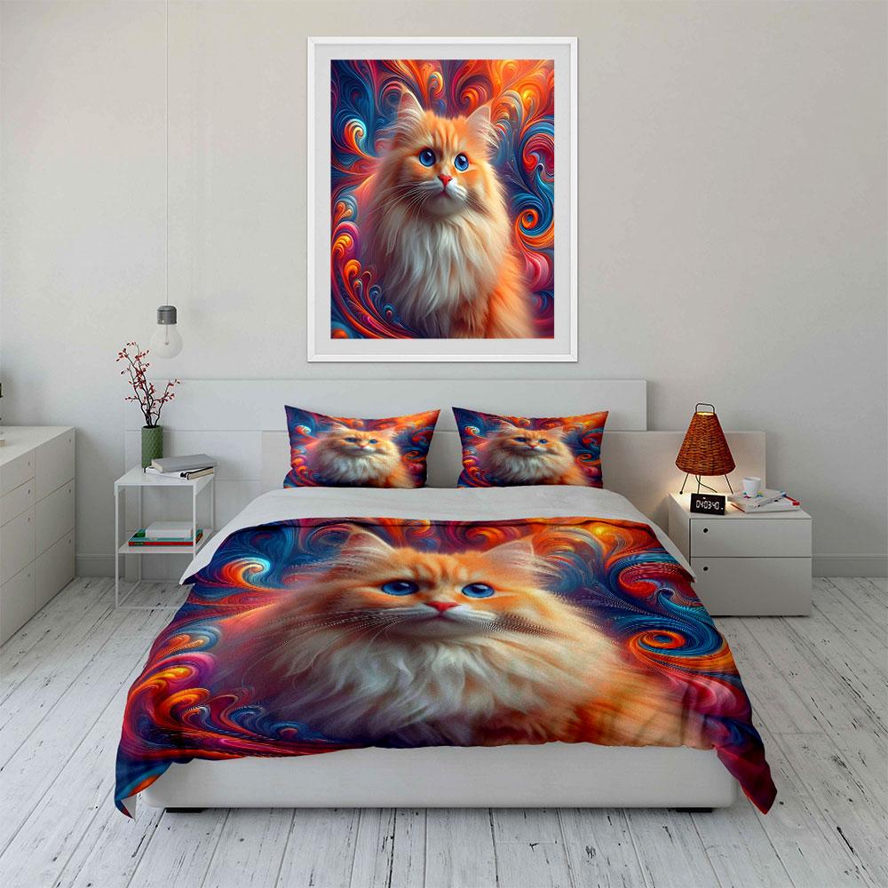 Fluffy Cat With Vibrant Swirls Duvet Cover Set With 3D Printing Design Soft Polyester Bedding Set All-Season Comfort