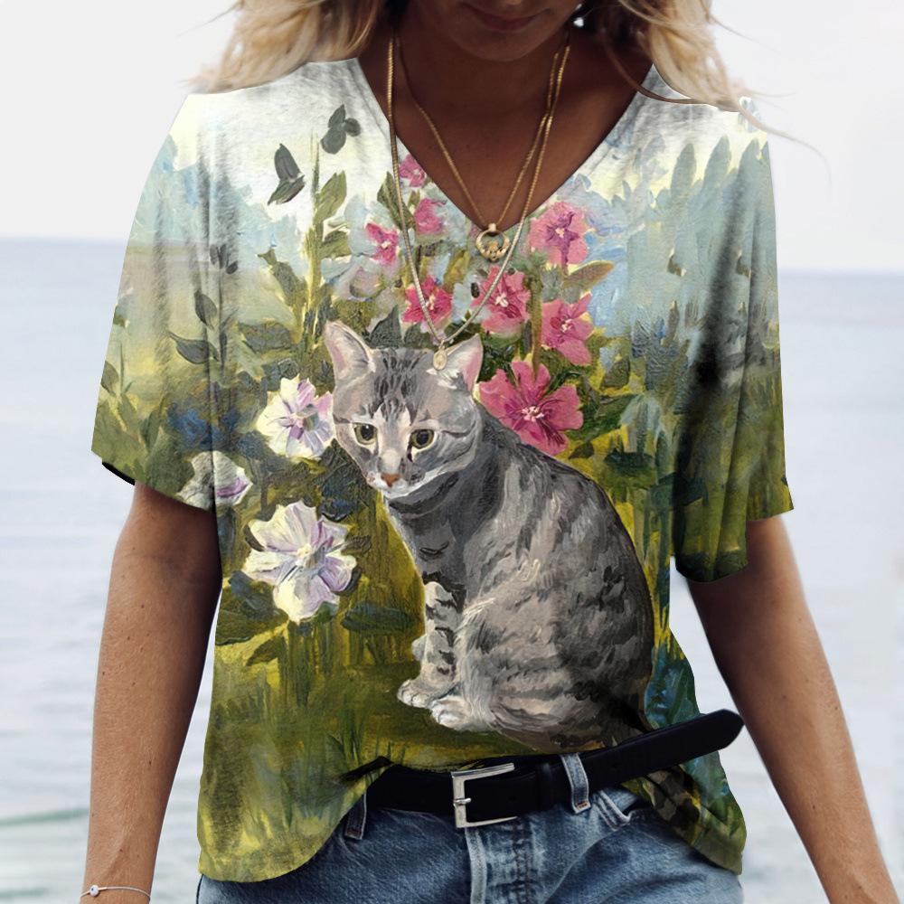 2025 Summer New 3D Cat Print Tee Loose Retro Women's V-neck Short Sleeved Street Style T-shirt Casual Top