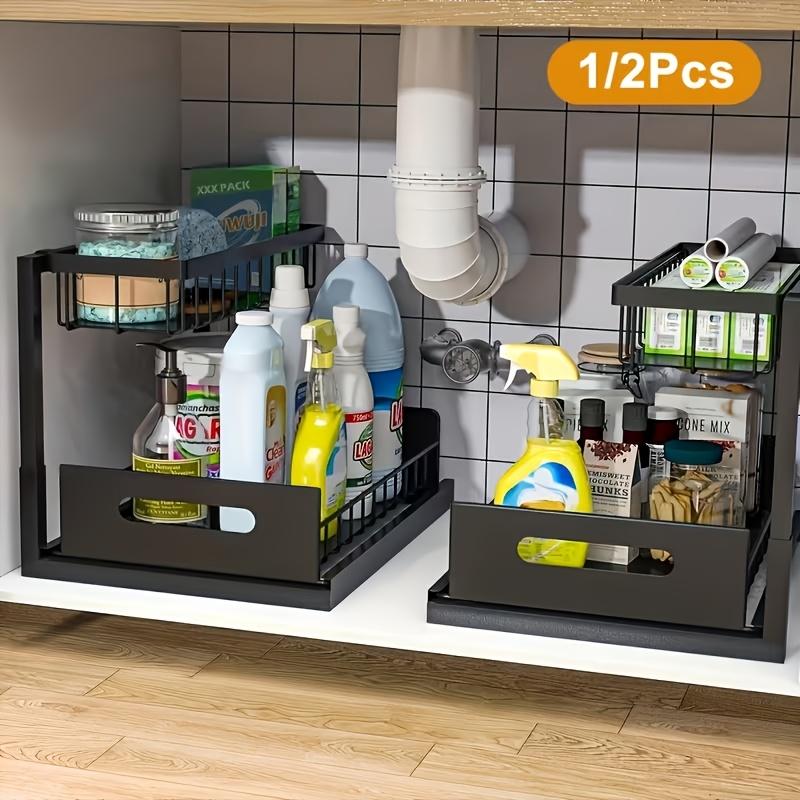 1PC 2-Tier Under Sink Storage Organizer,Pull-Out Organizers with Slide-Out Shelf and Metal Sliding Drawer for Kitchen