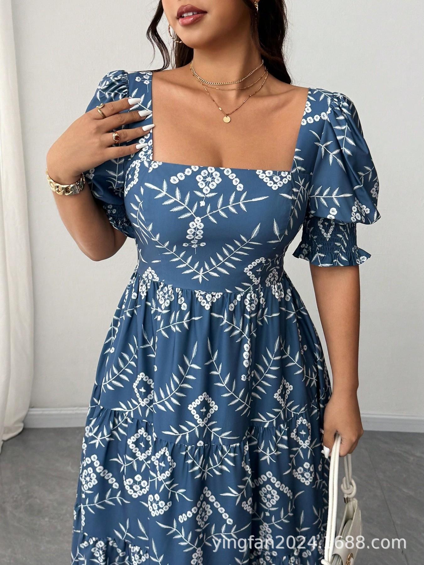 European & American Plus Size Square Neck Puff Sleeve Floral A-line Layered Cake Dress 1XL