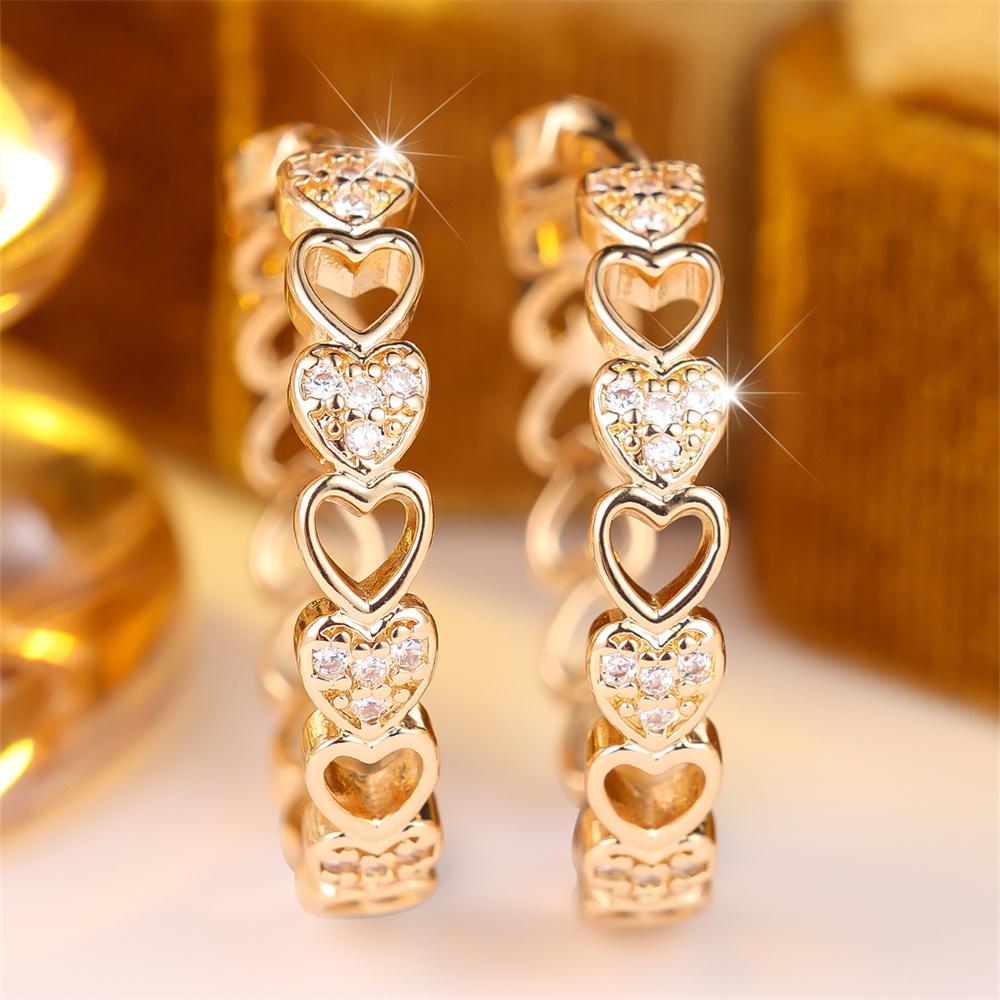 Vintage Hollow White Zircon Small Stone Love Heart Hoop Earrings For Women Gold Color Ear Buckle Wedding Jewelry Versatile Gifts
