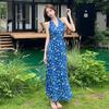 French Blue Floral Halter Maxi Dress for Women - Summer 2026 Petite Elegant Cinched-Waist Long Dress