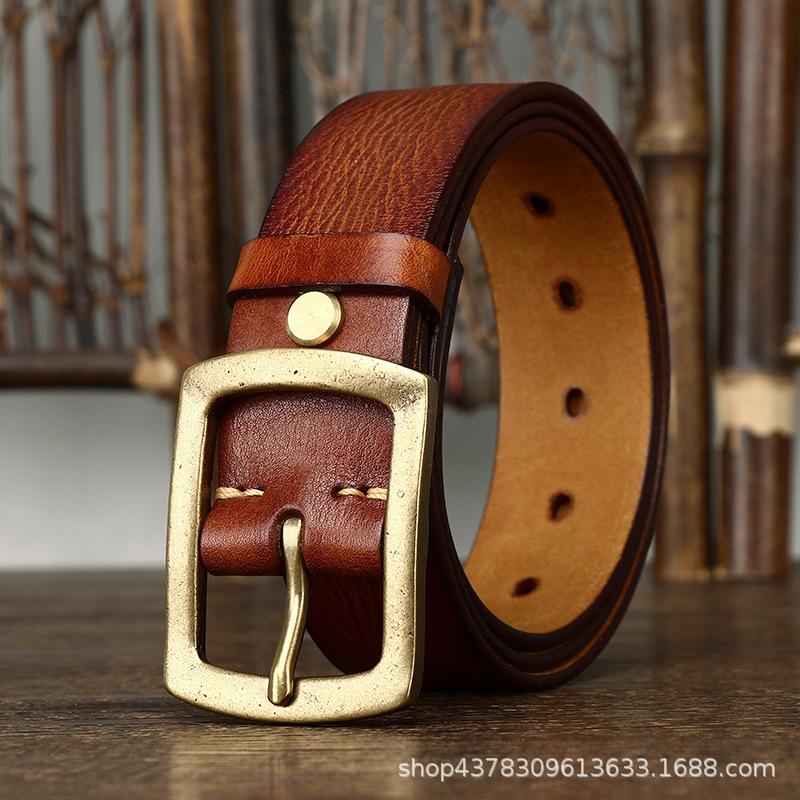 European And American Retro Concave Old First Layer Cowhide Belt Men'S Genuine Leather Japanese Character Copper Needle Buckle Jeans Belt