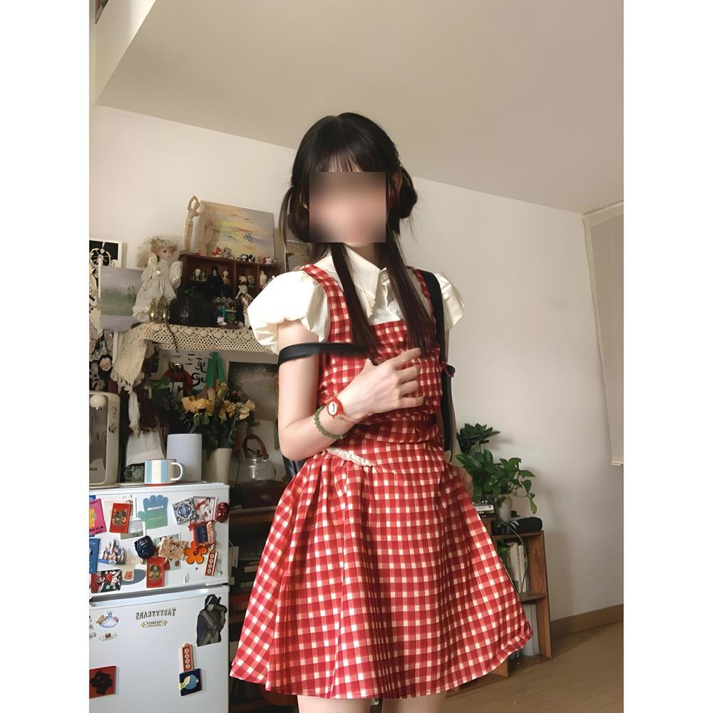 College style fashion new small short skirt red plaid fake two-piece strap dress children summer