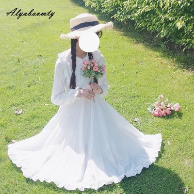Japán tavaszi őszi női lolita stílusú fehér ruha Peter Pan gallér magas derekú hercegnő tündérruha aranyos kawaii fodros lány ruha