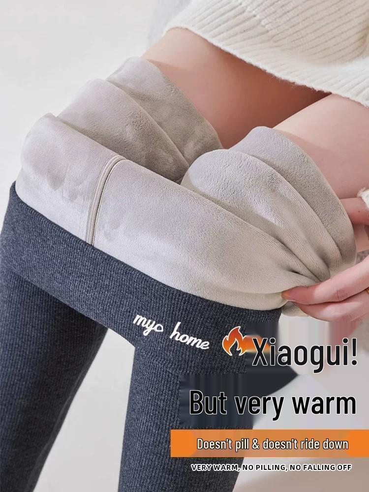 Gray High-Waisted Velvet Leggings, Warm Wool & Cotton Blend, Elastic, Thickened for Short Women, Perfect for Spring & Autumn Outerwear.