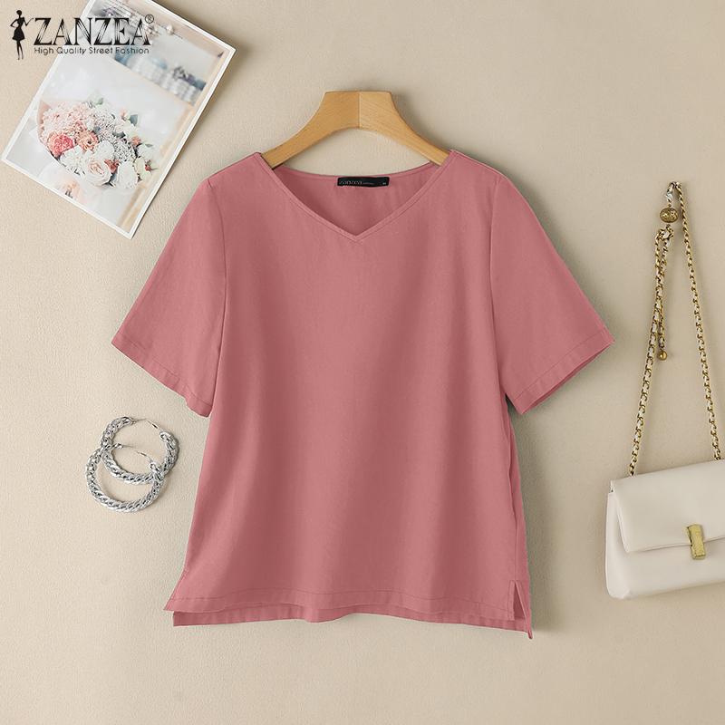 ZANZEA Women Casual V-Neck Summer Short Sleeve Cotton T-Shirts