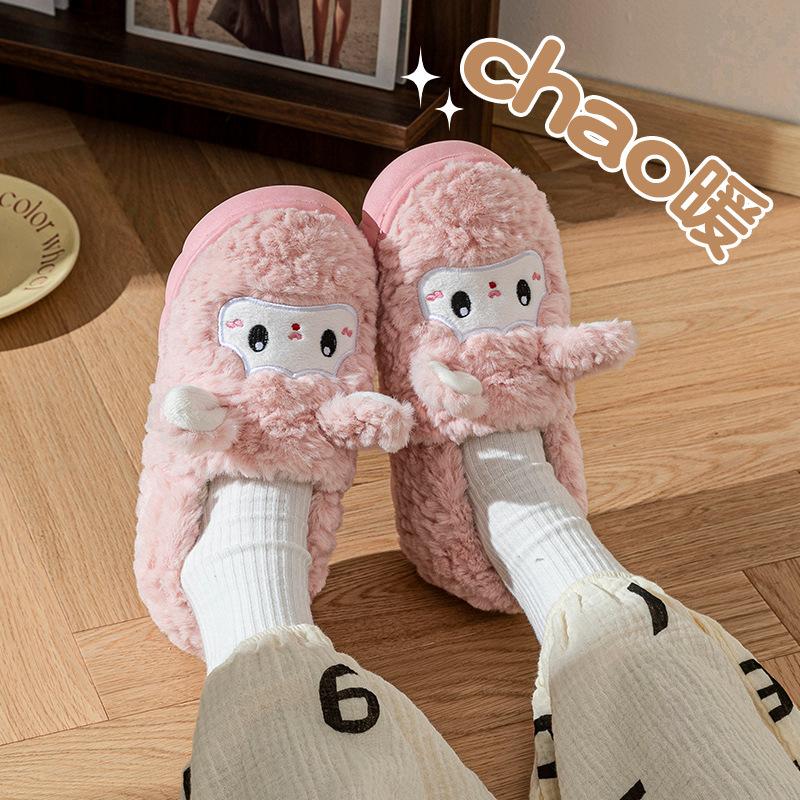 Cotton slippers winter 2025 new cute wool slippers non-slip thick bottom indoor velvet warm wool cotton mop