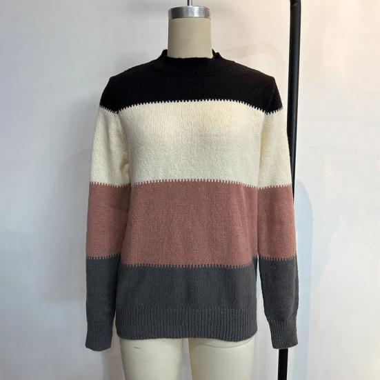 Women Knitting Tops Round Neck Knitted Pullover Tops Long Sleeve Color Blocked Loose Hem H-Shaped Warm