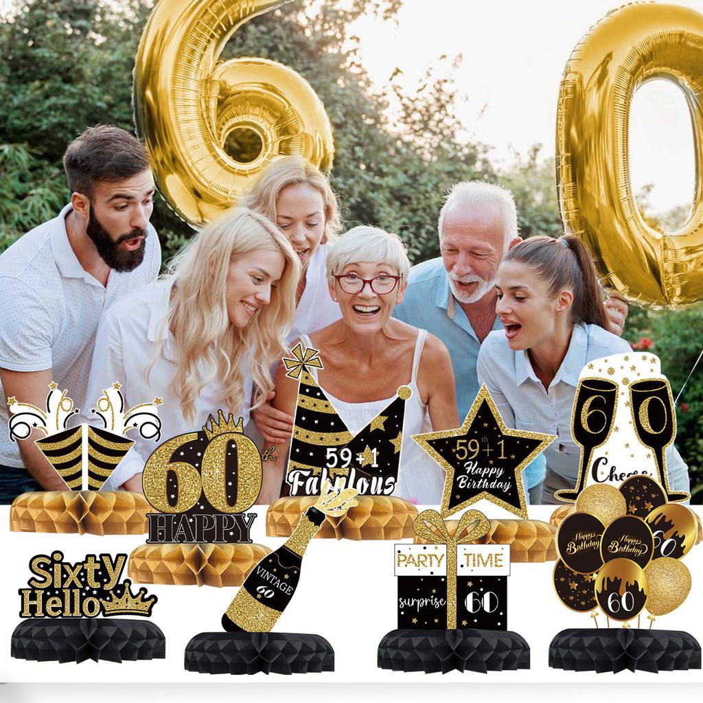 Party-Dekorationen zum 60. Geburtstag, schwarze und goldene Waben-Papier-Geburtstagsornamente, Festival-Dekorationen zum 60. Jahrestag