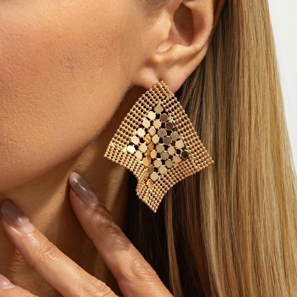 SHIXIN Vintage Metal Sequins Geometric Stud Earrings Women Luxury Irregular Large Square Piercing Earrings Party Jewelry Gifts