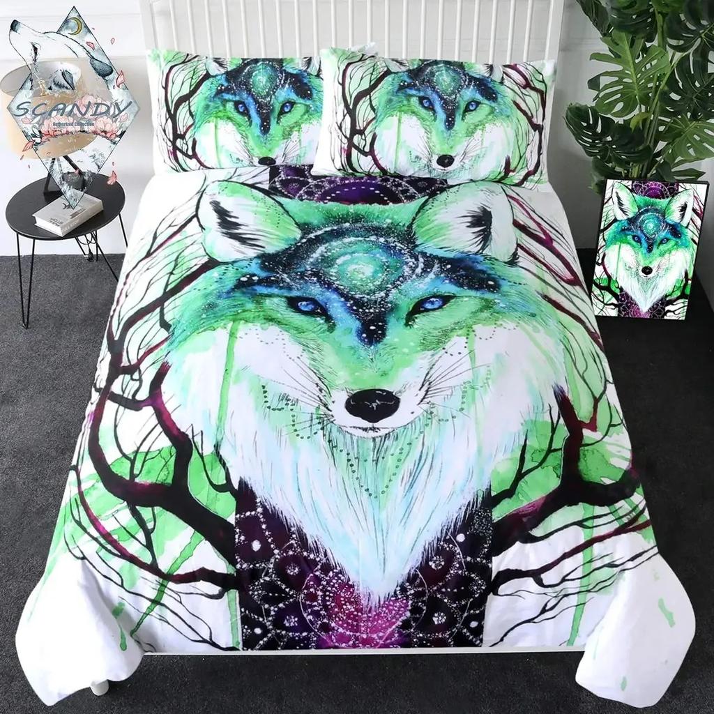 Moon Child Black Cold Art Moon Fox Duvet Cover Set Moon and Stars Bedding Set Black and White Fox Comforter Cover for Girl Boy