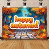 2D Autumn Forest Backdrop Happy Autumn Maple Leaf Stone Path Background for Harvest Party Banner