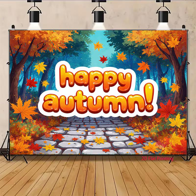 2D Autumn Forest Backdrop Happy Autumn Maple Leaf Stone Path Background for Harvest Party Banner