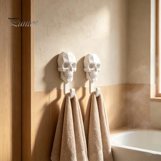 Beschädigungsfreier Wandhaken 2 Stück Hook Up, 3D-gedruckte Totenkopf-Design-Haken, Bohrerfreie polygonale Dekor-Montagehaken, Wasserdichte Badezimmeraufbewahrung für Handtücher