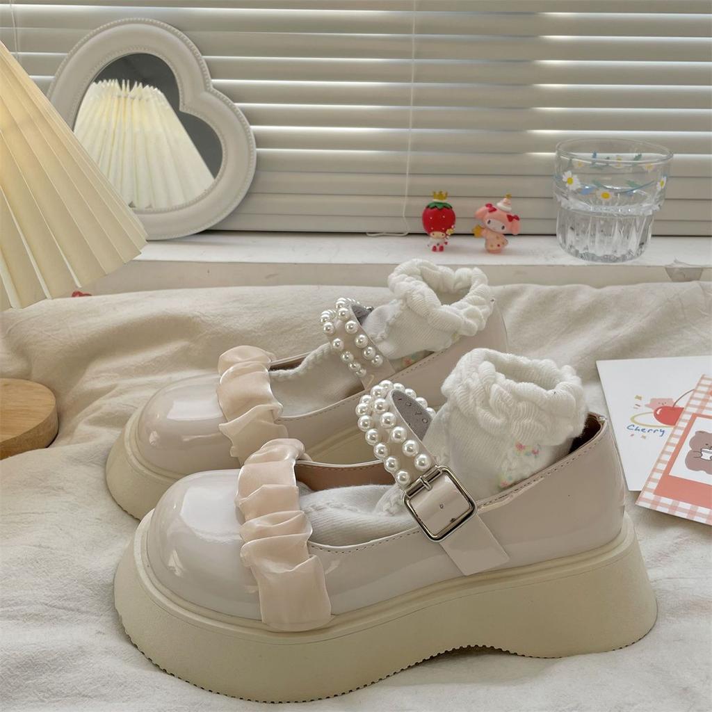 Fashion Ladies Pumps Platform Cute Women's Mary Jane Shoes Pearl Kawaii Round Toe Spring Comfortable and Elegant Non Slip Genuine Mark