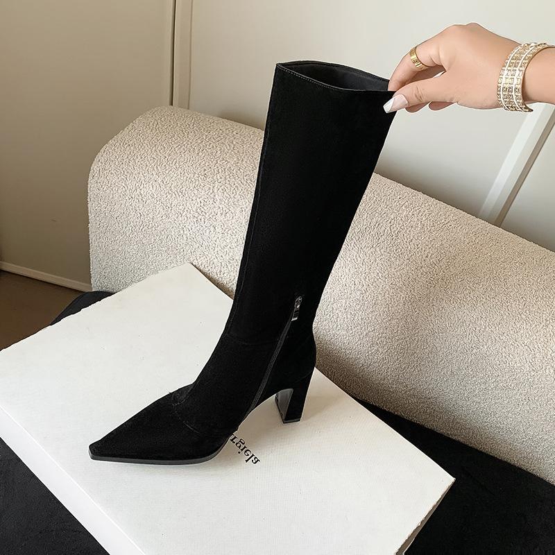 8.5CM European popular high boots 2025 autumn and winter new pointed thick heels but knee thin elastic boots women