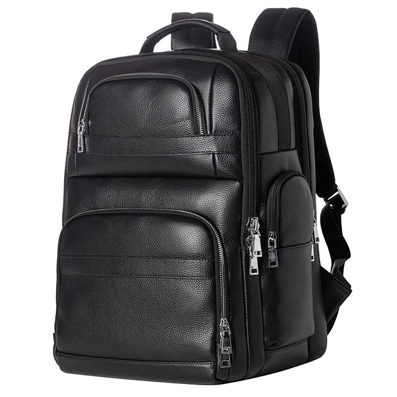 Men s Genuine Cowhide Leather Business Backpack, Multi-Compartment Large Capacity Commute Laptop Backpack чёрный