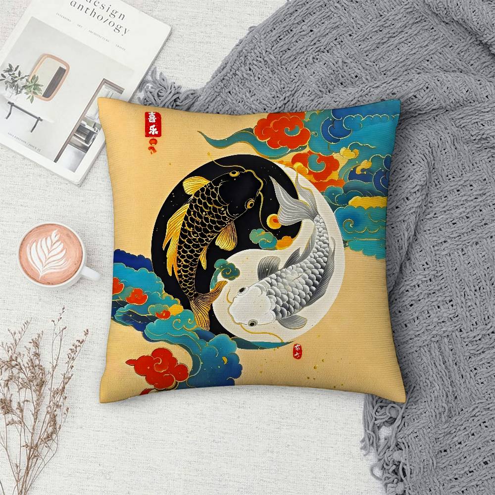 Carp illustration Pillow Case Sofa Decorative Home Double-sided Print Plush Square Throw Pillow Covers Cushion Decor Cover