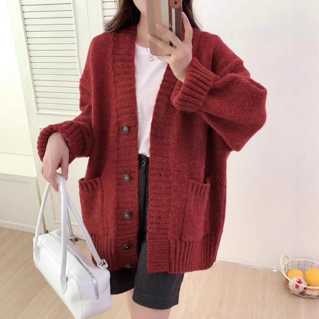 Korean version v-neck lazy wind knitted cardigan women's autumn and winter new high-end thickened solid color loose sweater jacket