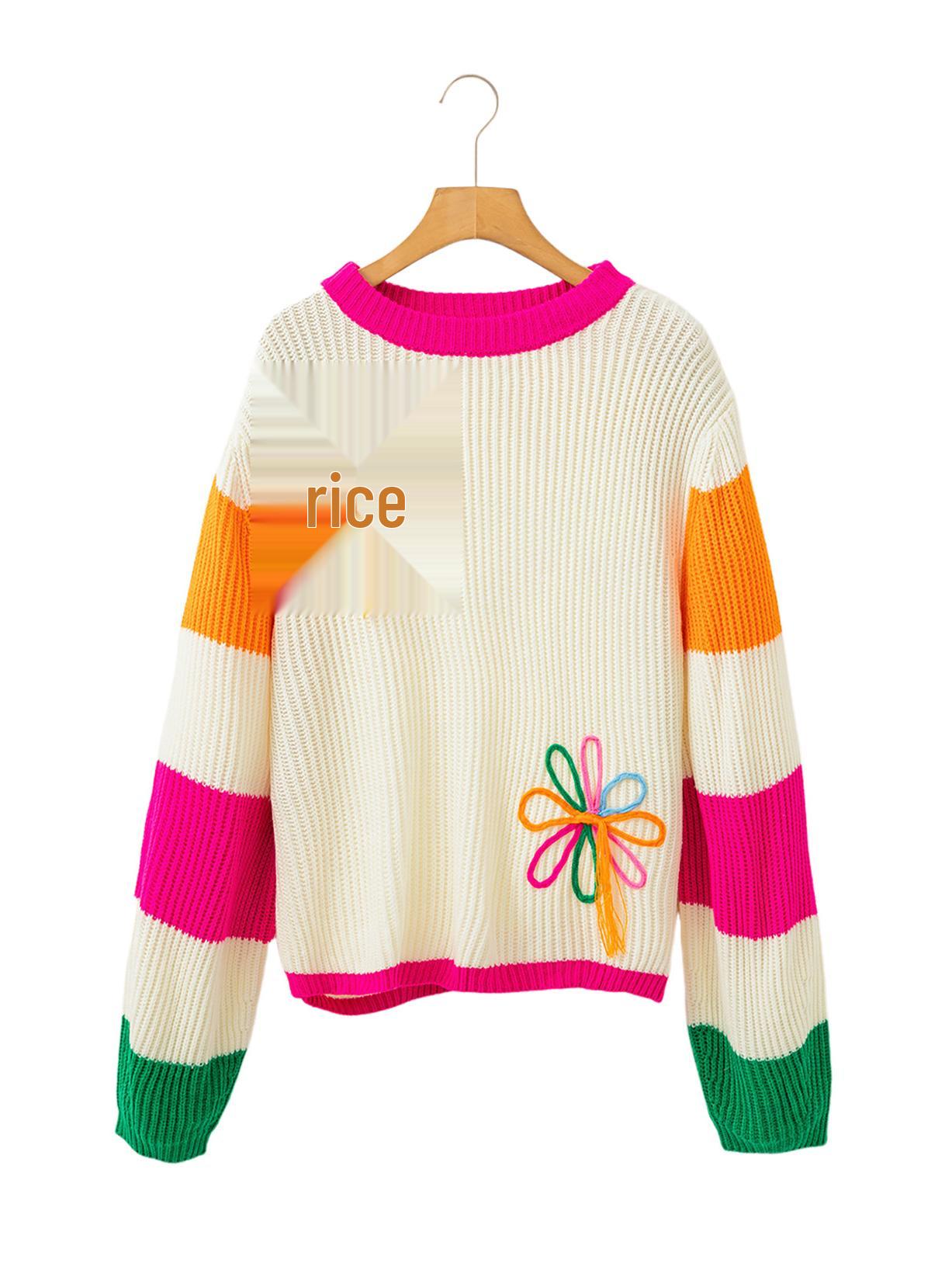 

Shiying Зимний цветочный свитер колор-блок с круглым вырезом для женщин - Европейская и американская модная вязаная одежда Small абрикосовый