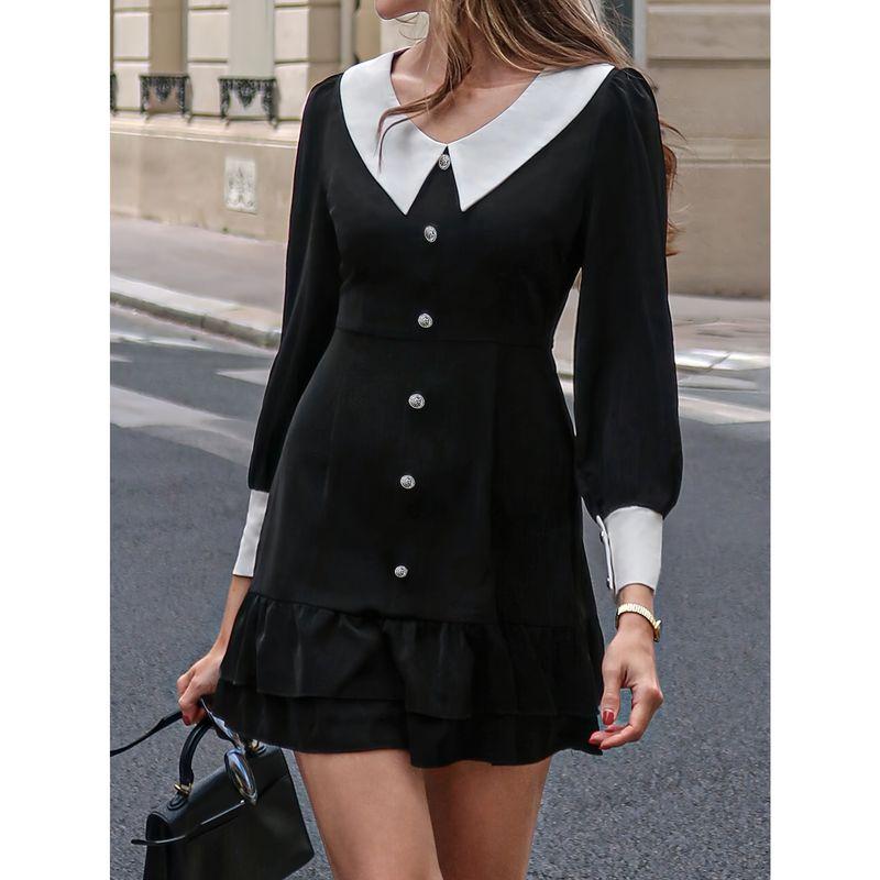 

Модный Стиль Элегантный Новинка Французский Стиль V-образный вырез Сочетание цветов Рукава-фонарики Облегающее бедра Платье Сладкий Воротник-куколка Модный Элегантный Black XS