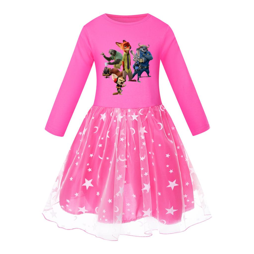 Rochie Casual din Bumbac cu Mâneci Scurte pentru Fete, cu Imprimeu Vulpe Iepure, Plasă Curcubeu, Gât Rotund