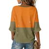 Women's V-Neck Color Block Halloween Print Top with Three-Quarter Sleeves