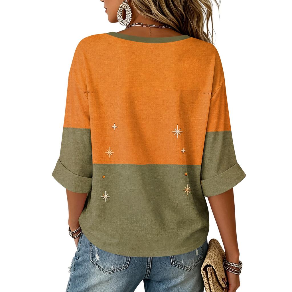 Women's V-Neck Color Block Halloween Print Top with Three-Quarter Sleeves