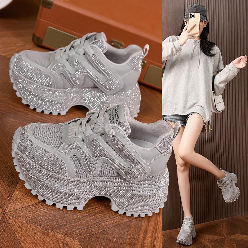 Platform Dad Shoes Women's 2025 Autumn and Winter New Models Full of Diamonds, Small Inner Height Increase Women's Shoes Versatile Casual Sports Shoes