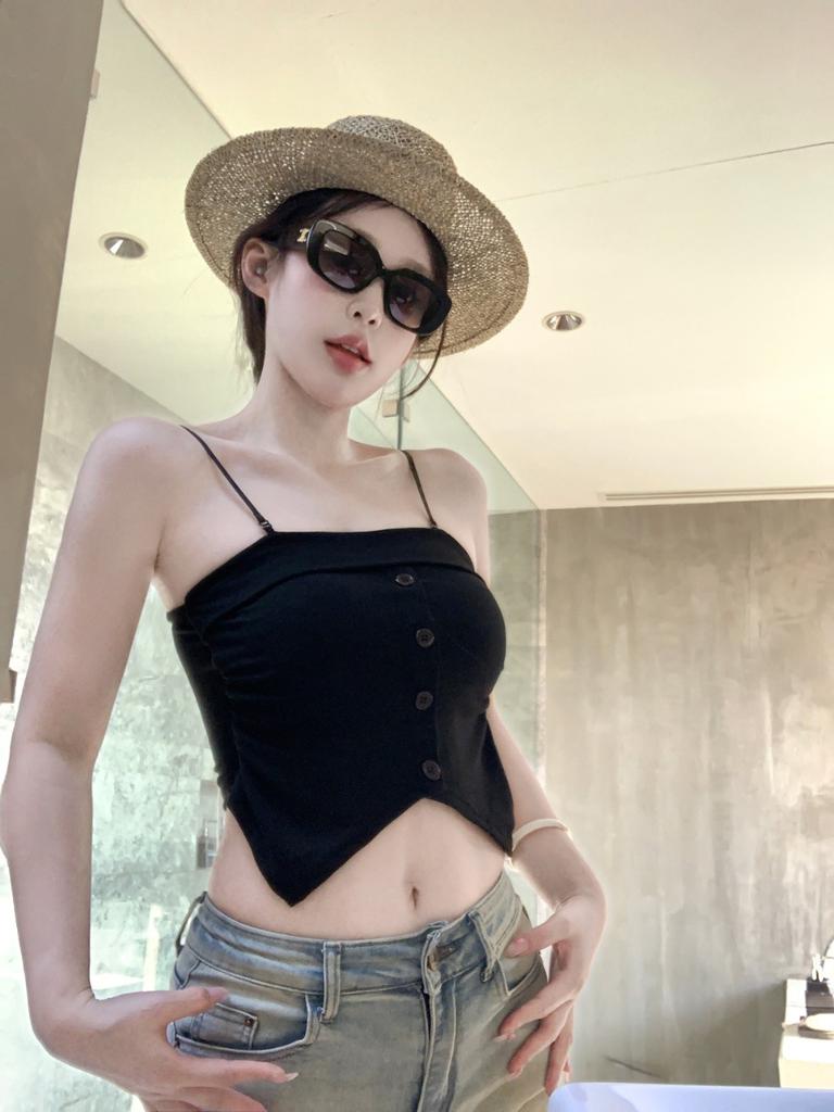 #Summer new sweet wind button splicing sling vest slim and thin women's one-piece top with chest pad