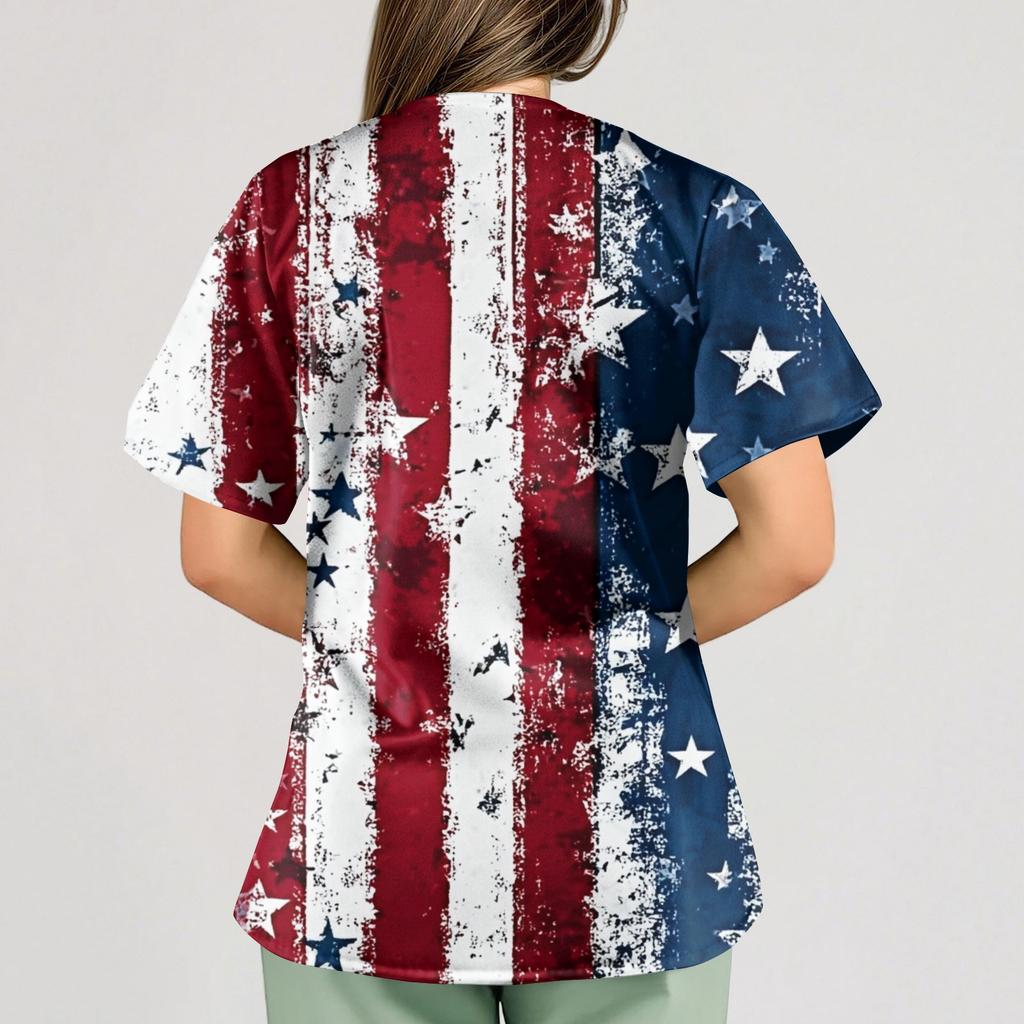 Women's Independence Day Printed Loose V-Neck Pocket Short-Sleeve Caregiver/Uniform