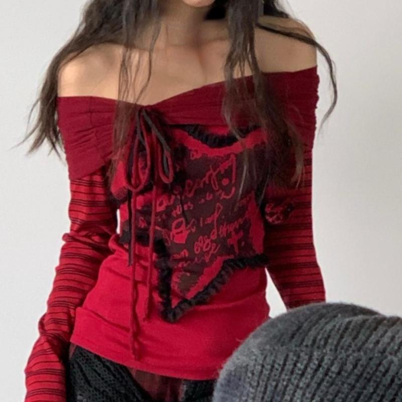 Módní trička Harajuku Y2k s dopisním potiskem 2024 Trička s dlouhým rukávem Bez ramene Pruhovaná trička Streetwear Ženy Grunge Trička s proříznutým výstřihem