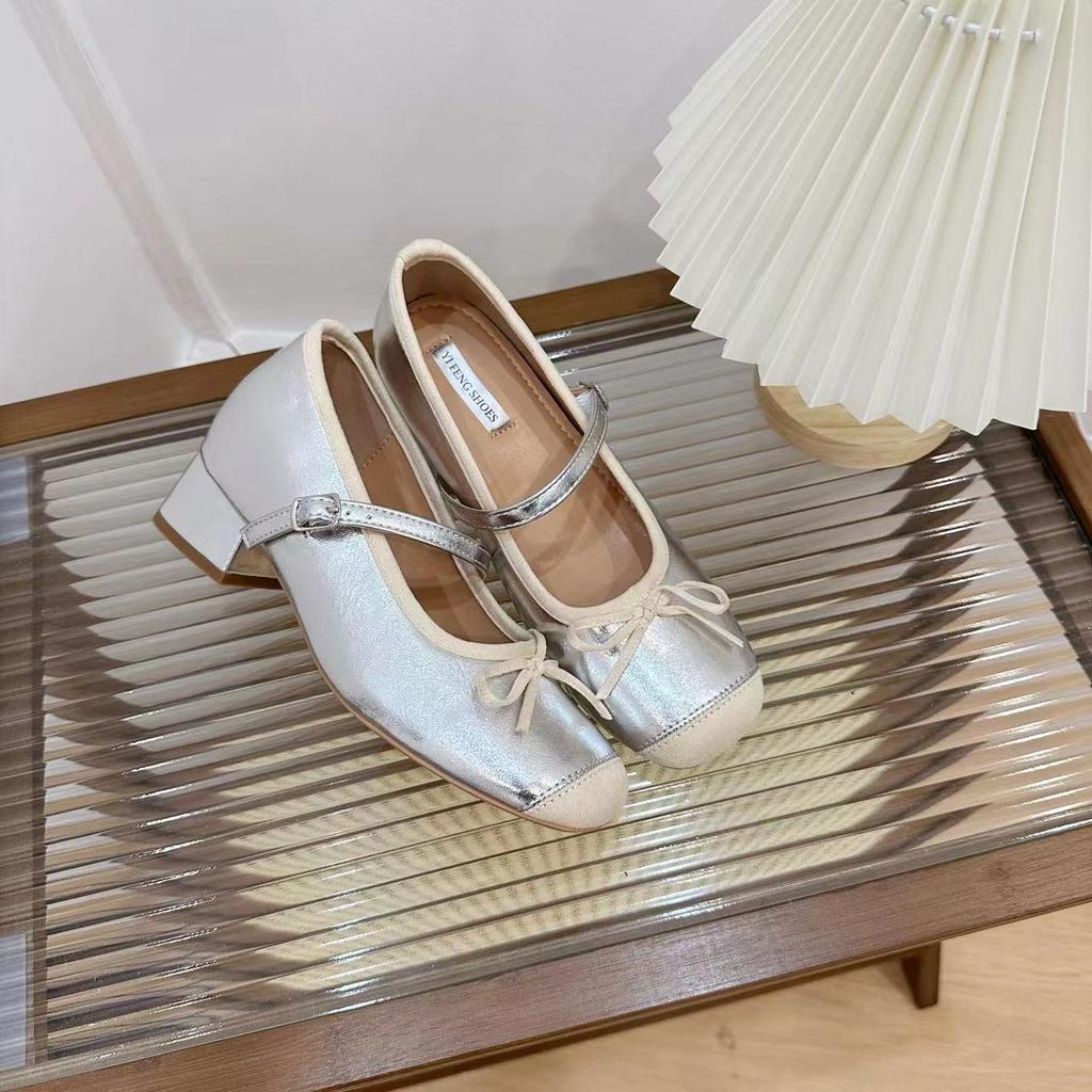 Color matching ballet shoes thick heel plus inner increase 7cm word with French light mouth silver single shoes evening elegant women's high heel