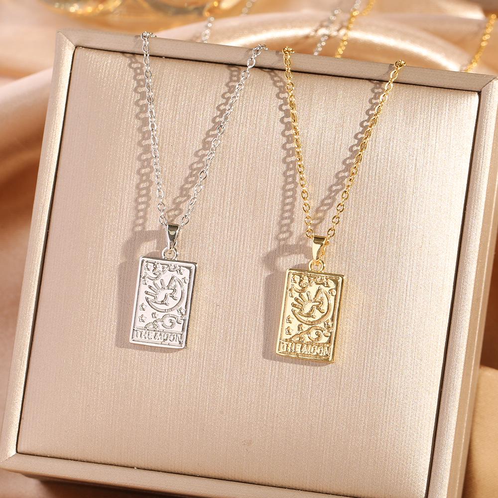 Retro Tarot Sun Moon Stars Pendant Necklace - Titanium Steel Card Chain