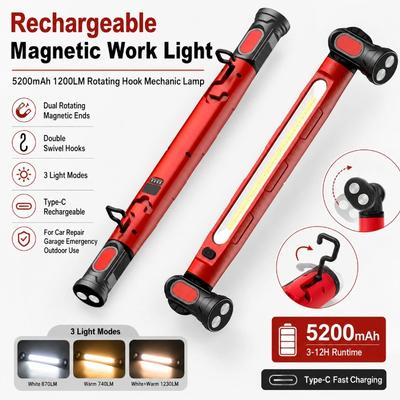 5200mAh Rechargeable Magnetic Work Light 1200LM Rotating Hook Mechanic Lamp for Car Repair Garage Emergency Outdoor Use