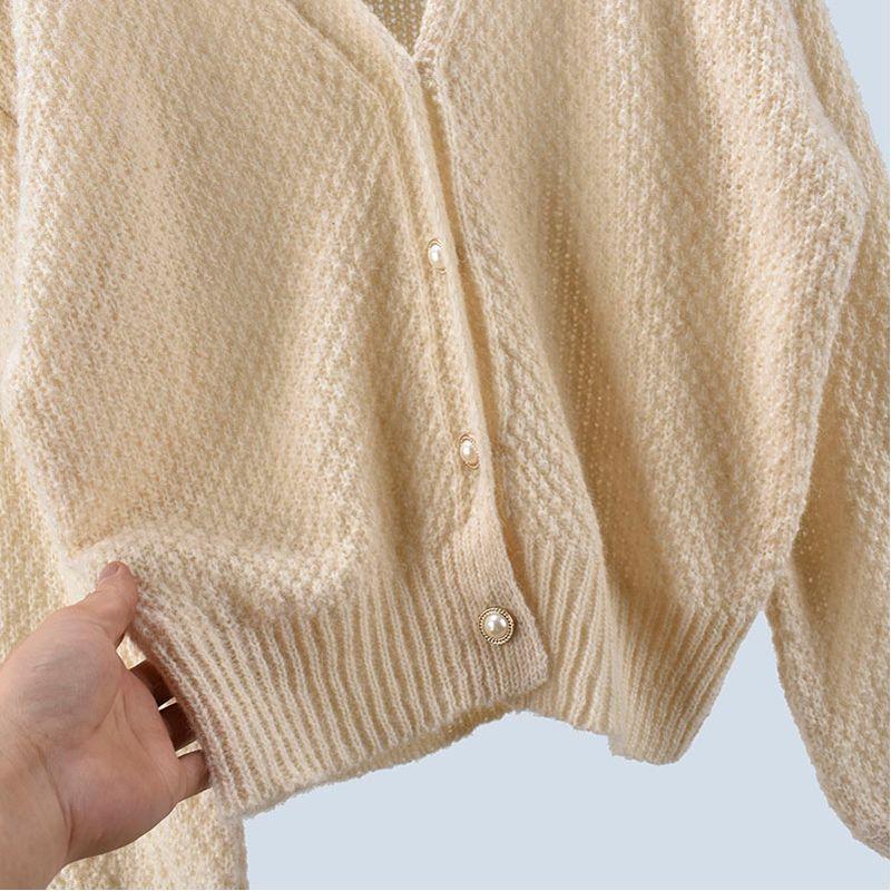 Wool Mohair Spring & Fall Women's Knitting Sweater Lazy Style Long Sleeve Pure Color Cardigan Plaid Loose Elastic Outwear