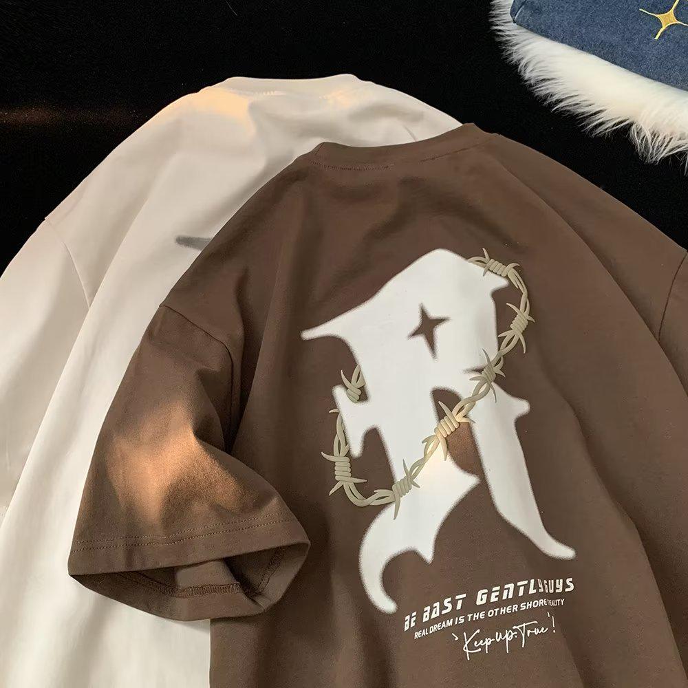 

Мужская летняя футболка 2023 года с модным американским принтом, круглым вырезом и короткими рукавами XL коричневый