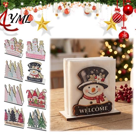 Multi-purpose Desktop Organizer Christmas Theme Wooden Napkin Holder, Decorative Holiday Paper Towel Stand, Unique Ornament Holder HD UV Printing for