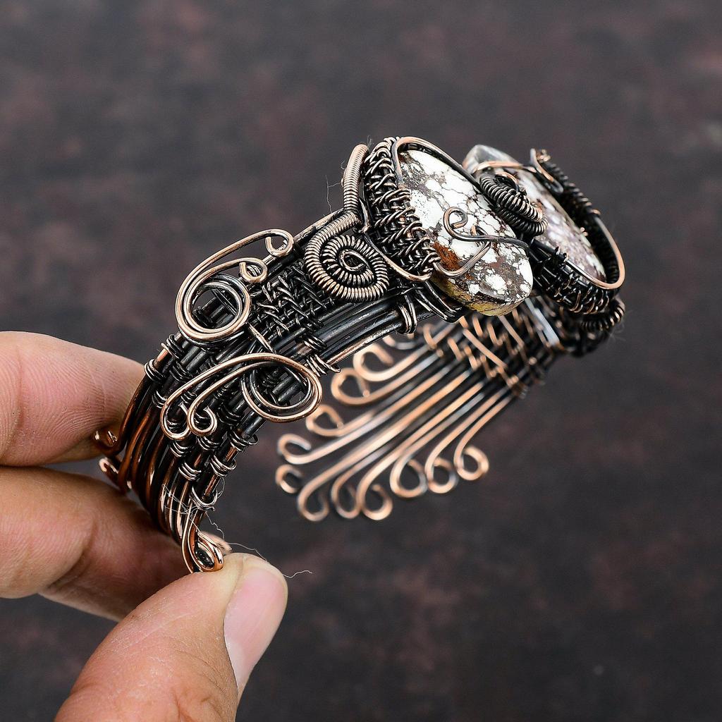 Wild Horse Magnesite Bangle Copper Wire Wrapped Jewelry Adjustable Cuff Bracelet Handmade Gemstone Bangle Copper Wire Bangle Engagement Gift