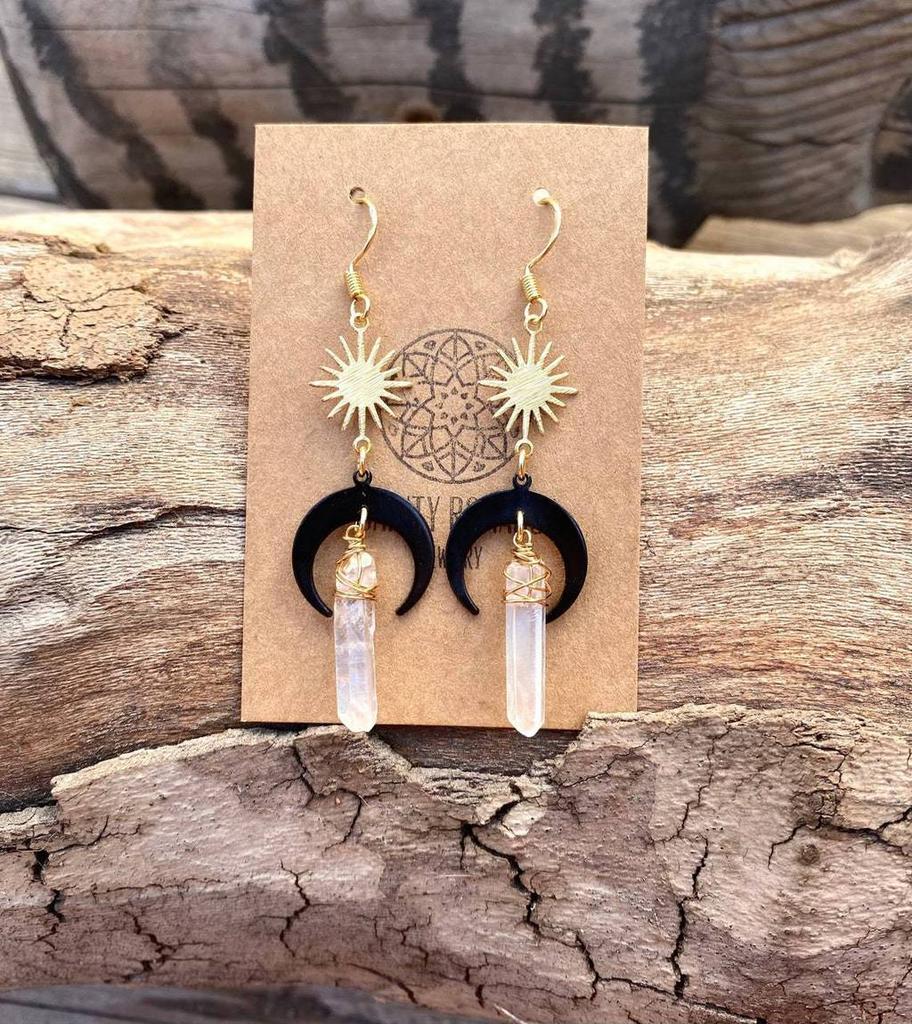 Bohemian Moon Black Quartz Crystal Earrings With Electroplated Alloy For Women And Men