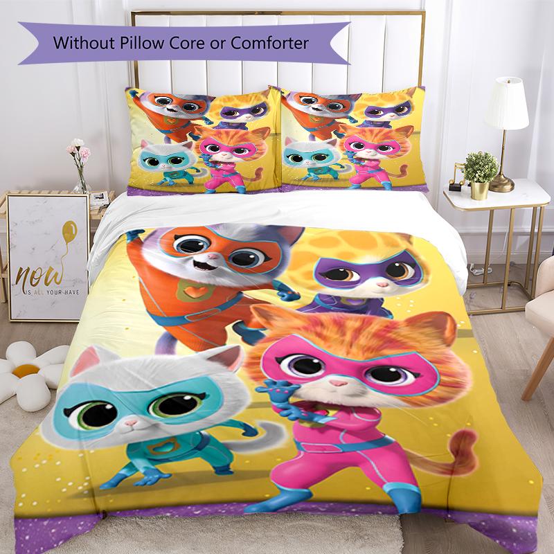 3pcs Super Kitties Adventures1 Design Cover Set - HD Printed Bedding with 1 Cover and 2 Pillowcases - Perfect for Home and Dorm Decor