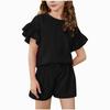 Girls Plain Color Casual Fashion Two-Piece Set Short Sleeve Top And Shorts