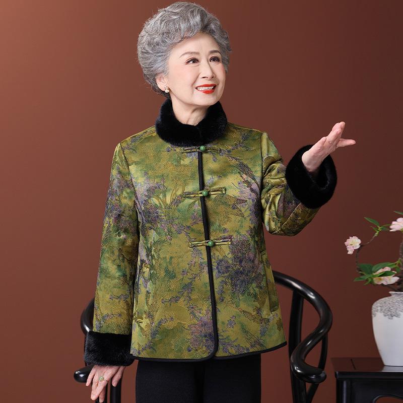 Women's Fleece-Lined Tang Suit Jacket: Winter Warmth for Elderly Ladies