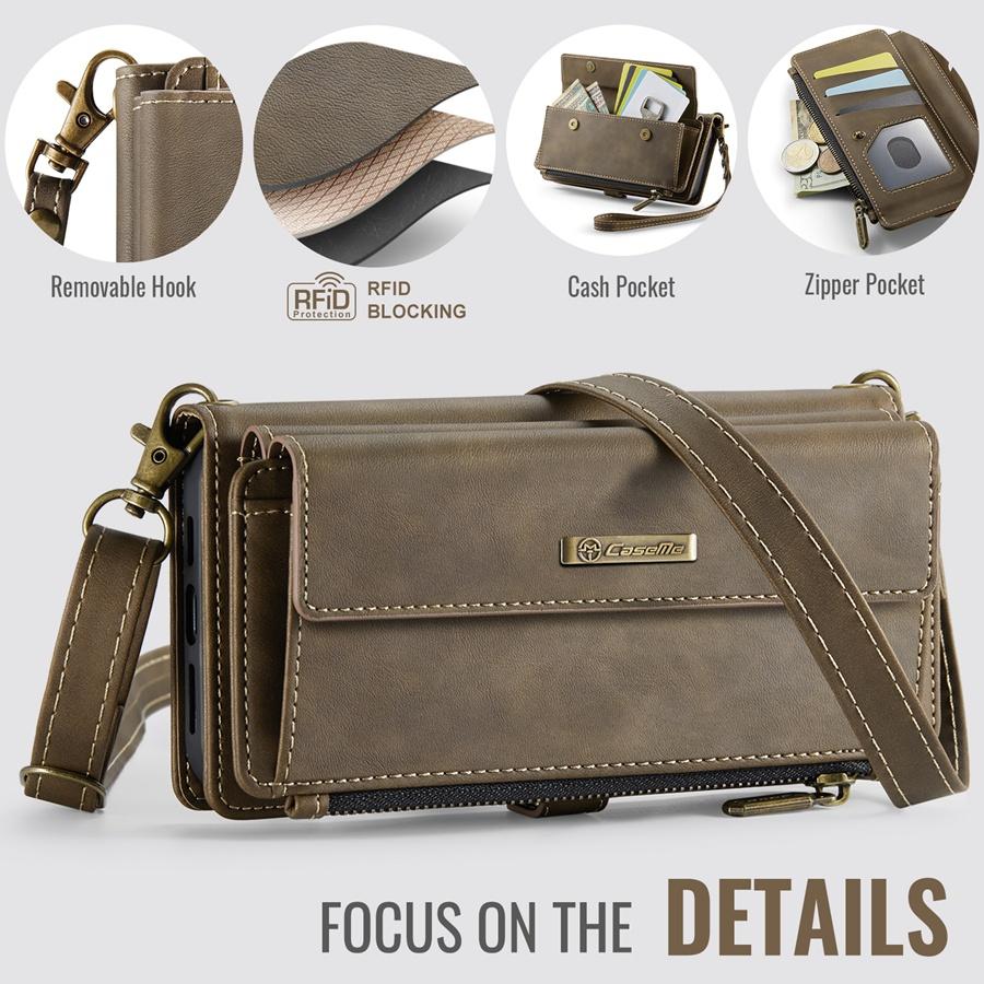 For iPhone/Samsung RFID Blocking Multilayer Wallet Phone Case Purse with 9 Card Slots+Zipper Pocket+Coin Sack Detachable Crossbody Strap + Wrist Strap